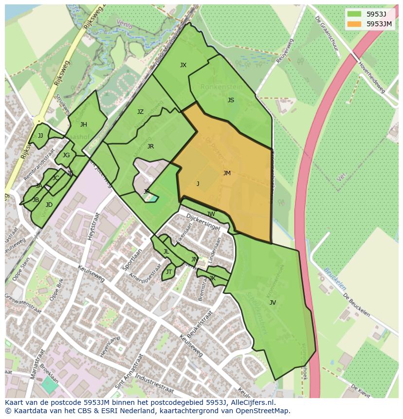 Afbeelding van het postcodegebied 5953 JM op de kaart.