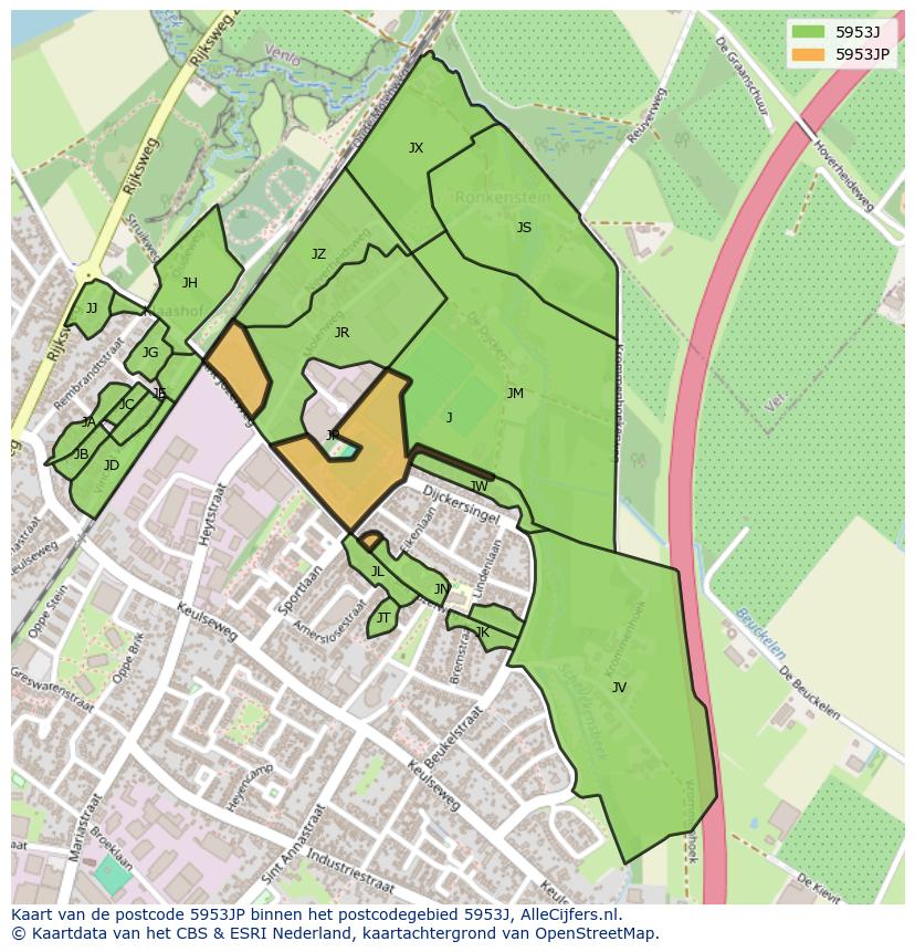 Afbeelding van het postcodegebied 5953 JP op de kaart.