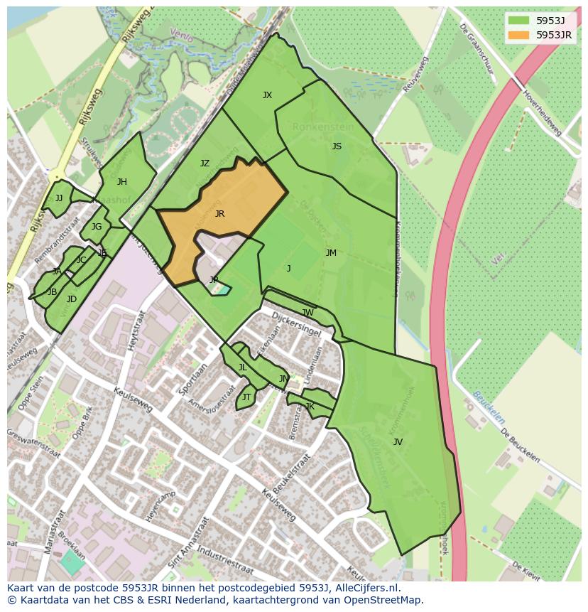 Afbeelding van het postcodegebied 5953 JR op de kaart.