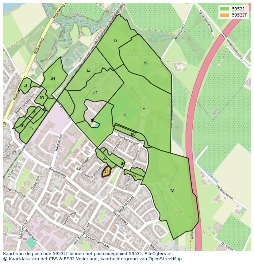 Afbeelding van het postcodegebied 5953 JT op de kaart.