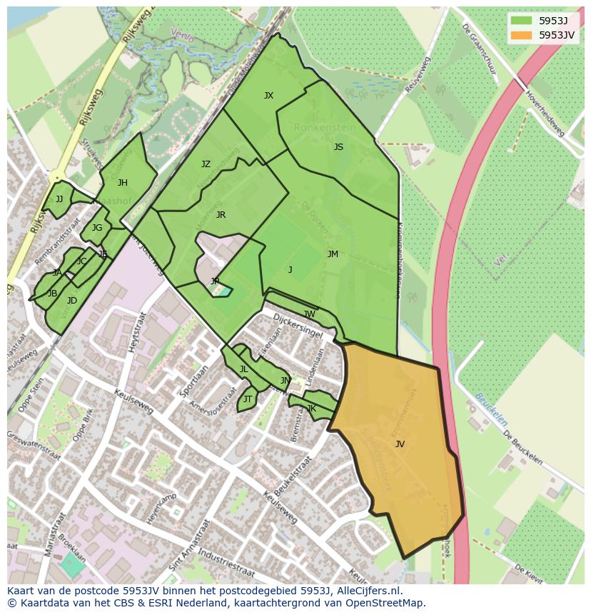 Afbeelding van het postcodegebied 5953 JV op de kaart.
