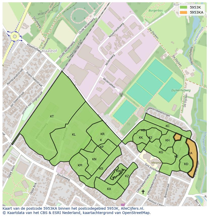 Afbeelding van het postcodegebied 5953 KA op de kaart.