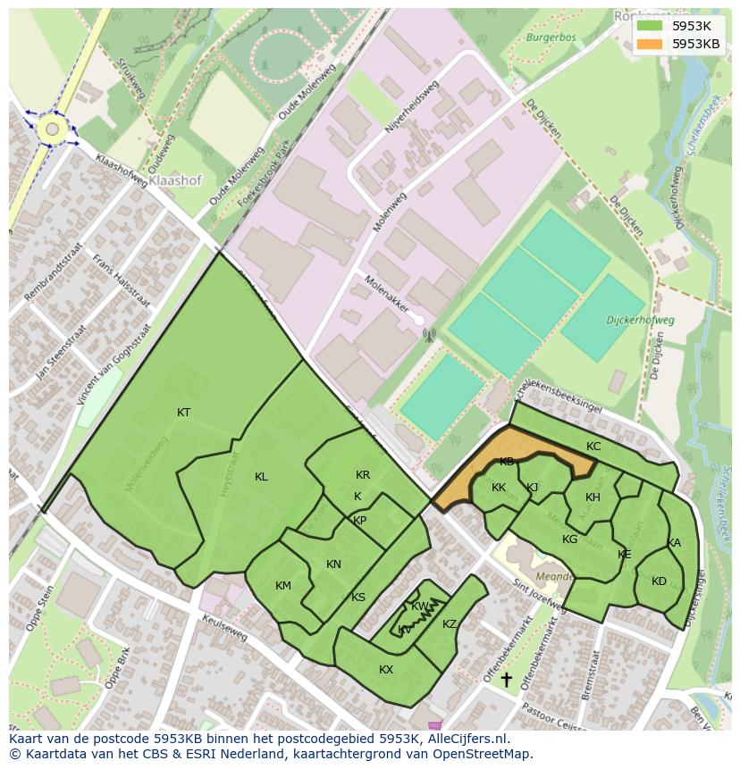 Afbeelding van het postcodegebied 5953 KB op de kaart.