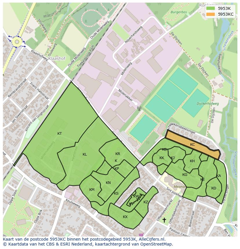 Afbeelding van het postcodegebied 5953 KC op de kaart.