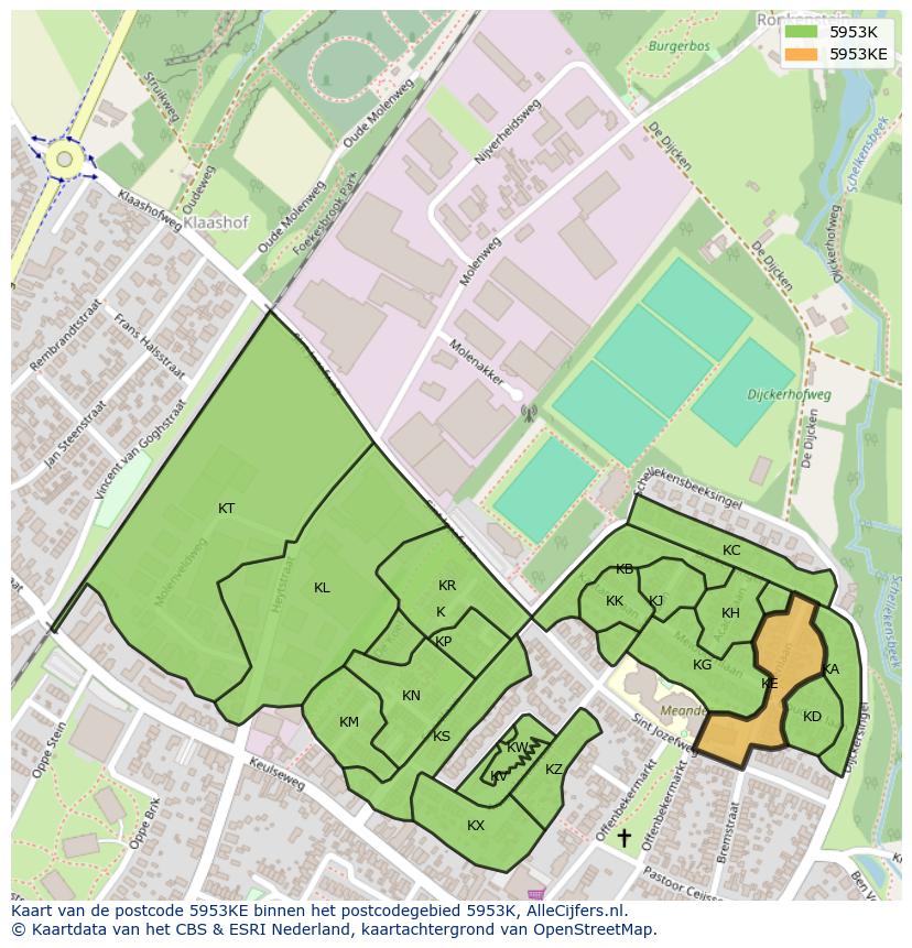 Afbeelding van het postcodegebied 5953 KE op de kaart.