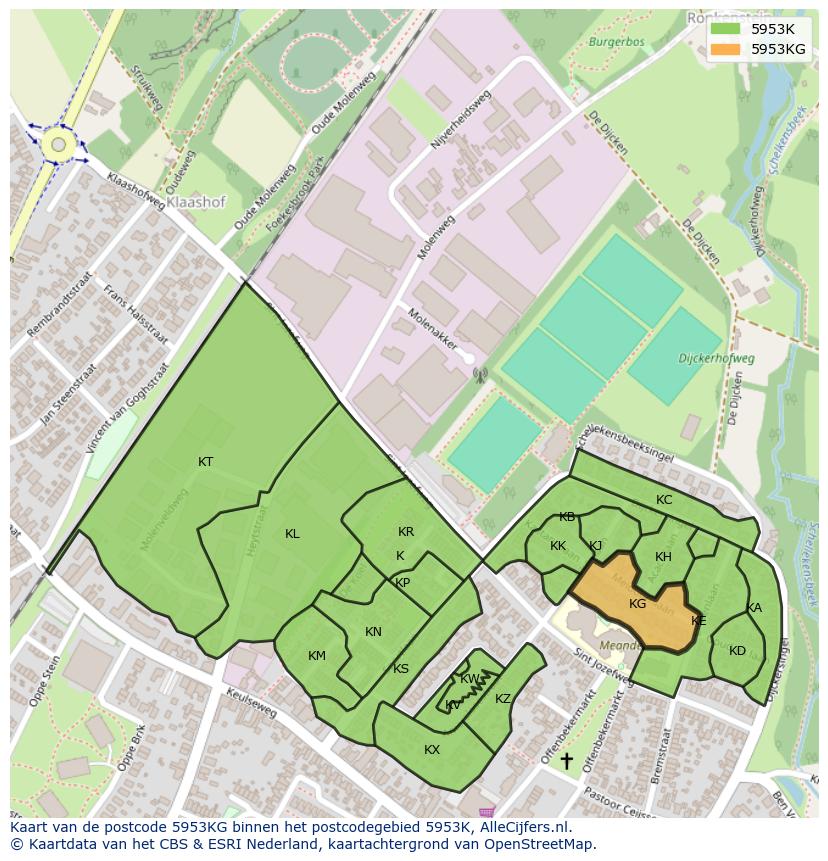 Afbeelding van het postcodegebied 5953 KG op de kaart.