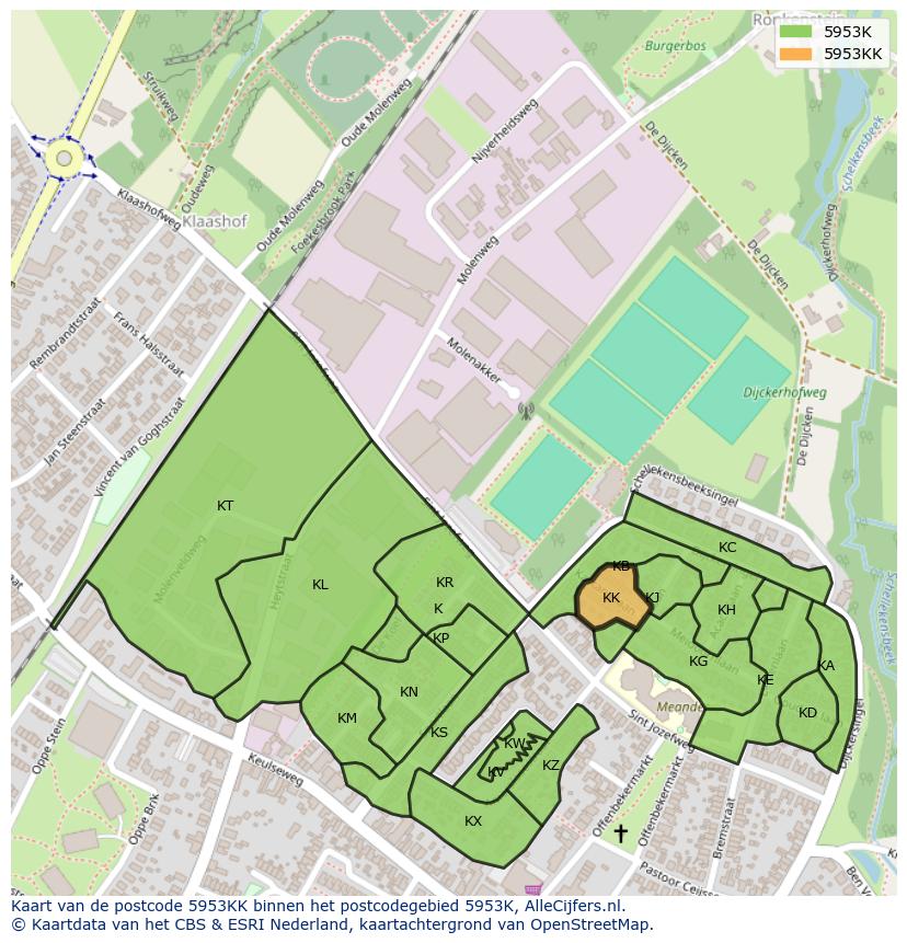 Afbeelding van het postcodegebied 5953 KK op de kaart.