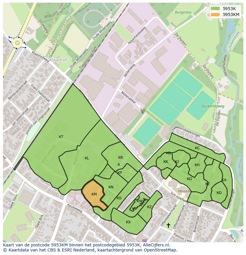 Afbeelding van het postcodegebied 5953 KM op de kaart.