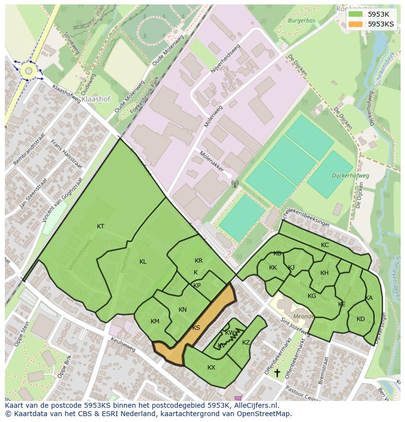 Afbeelding van het postcodegebied 5953 KS op de kaart.