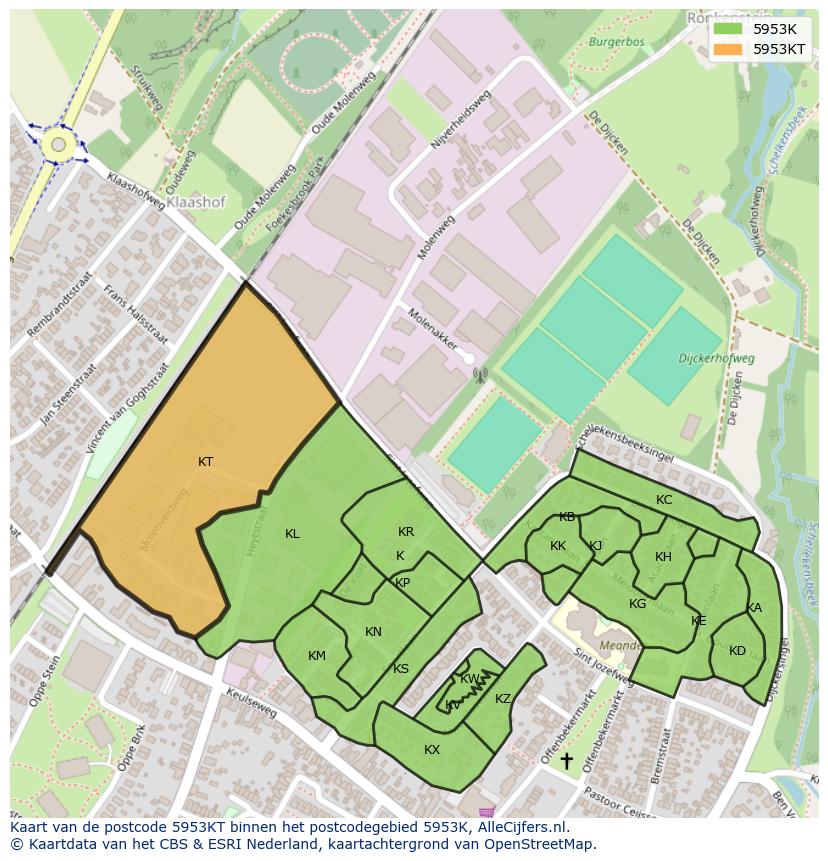 Afbeelding van het postcodegebied 5953 KT op de kaart.