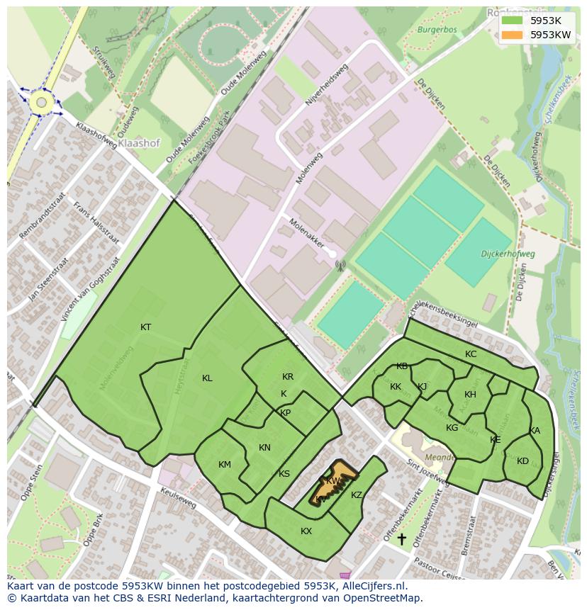 Afbeelding van het postcodegebied 5953 KW op de kaart.