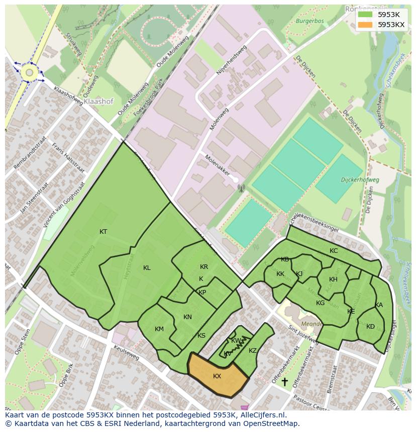 Afbeelding van het postcodegebied 5953 KX op de kaart.