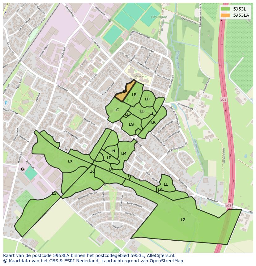 Afbeelding van het postcodegebied 5953 LA op de kaart.