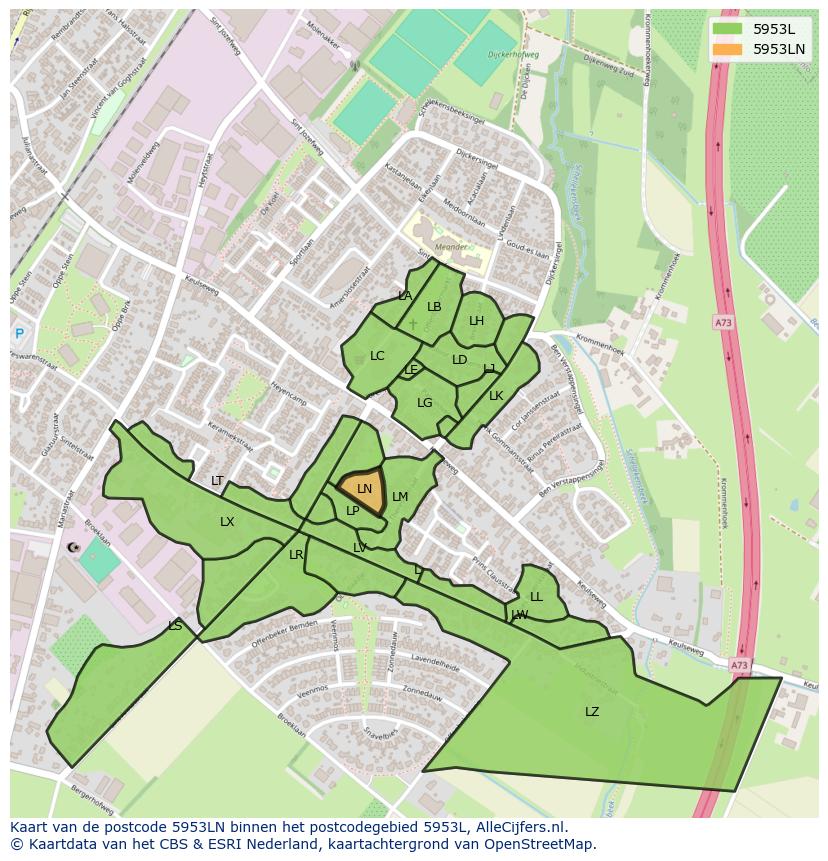 Afbeelding van het postcodegebied 5953 LN op de kaart.