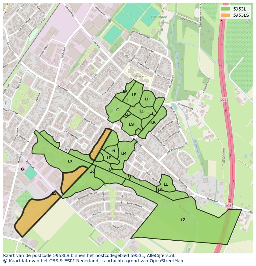 Afbeelding van het postcodegebied 5953 LS op de kaart.