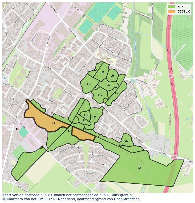 Afbeelding van het postcodegebied 5953 LX op de kaart.