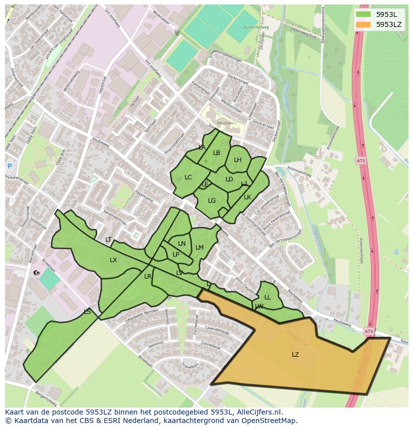 Afbeelding van het postcodegebied 5953 LZ op de kaart.