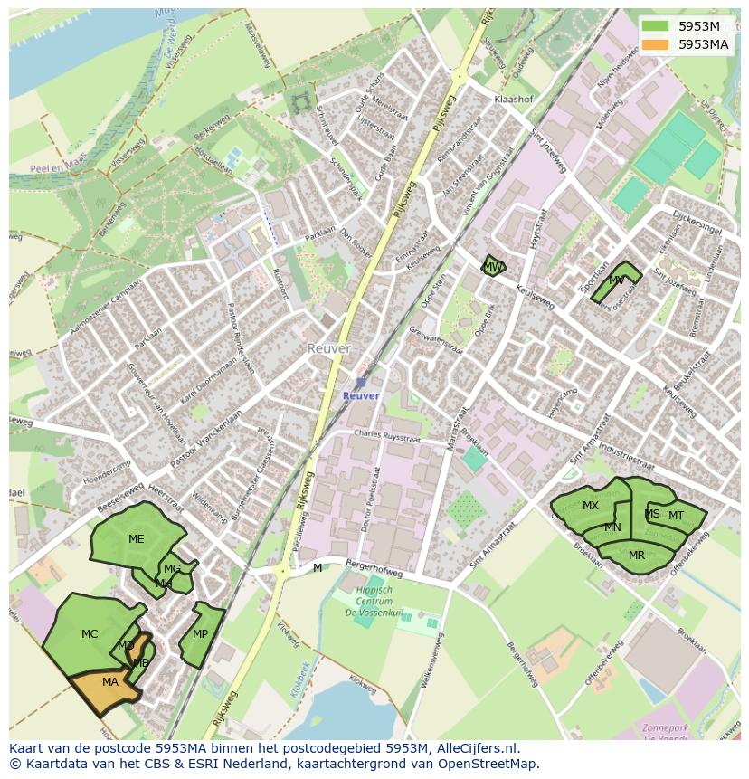 Afbeelding van het postcodegebied 5953 MA op de kaart.