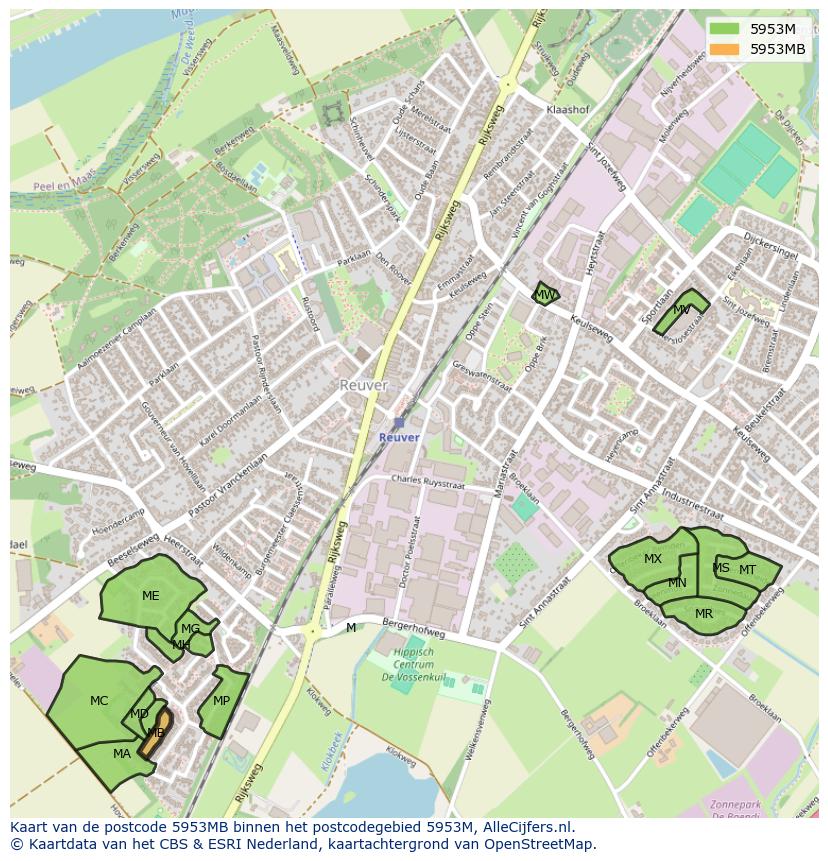 Afbeelding van het postcodegebied 5953 MB op de kaart.