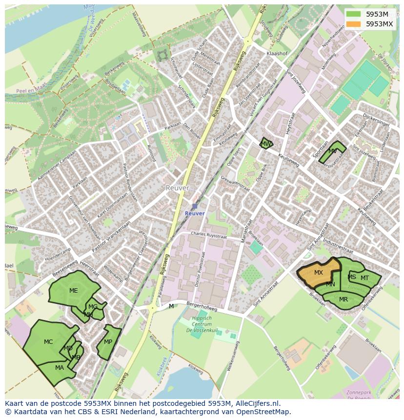 Afbeelding van het postcodegebied 5953 MX op de kaart.