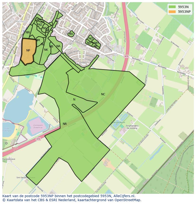 Afbeelding van het postcodegebied 5953 NP op de kaart.