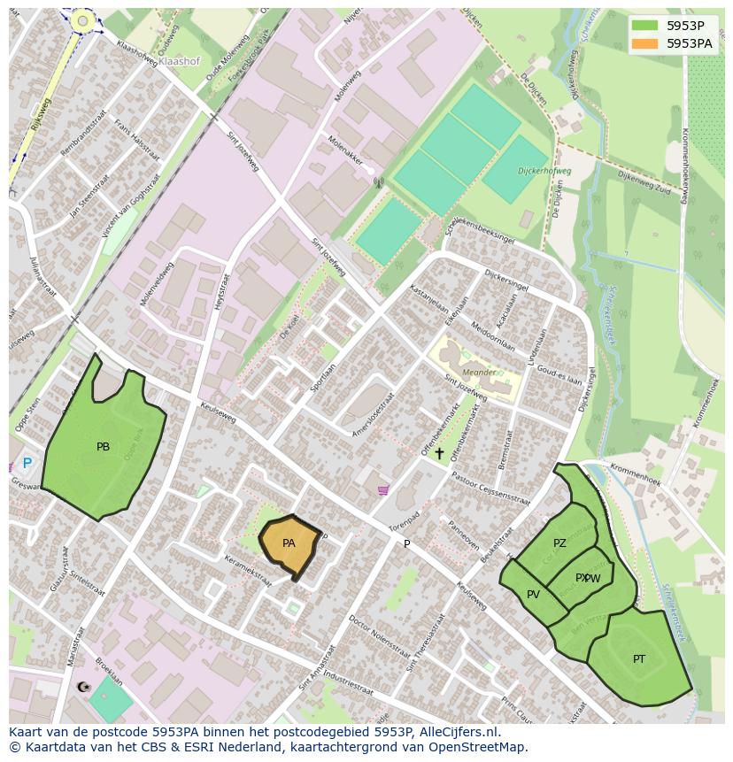 Afbeelding van het postcodegebied 5953 PA op de kaart.