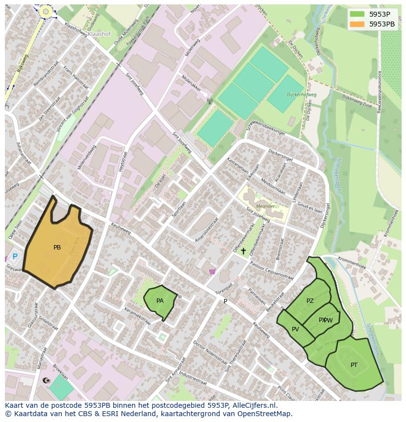Afbeelding van het postcodegebied 5953 PB op de kaart.