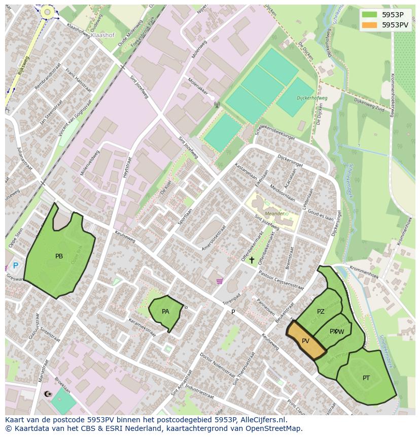 Afbeelding van het postcodegebied 5953 PV op de kaart.