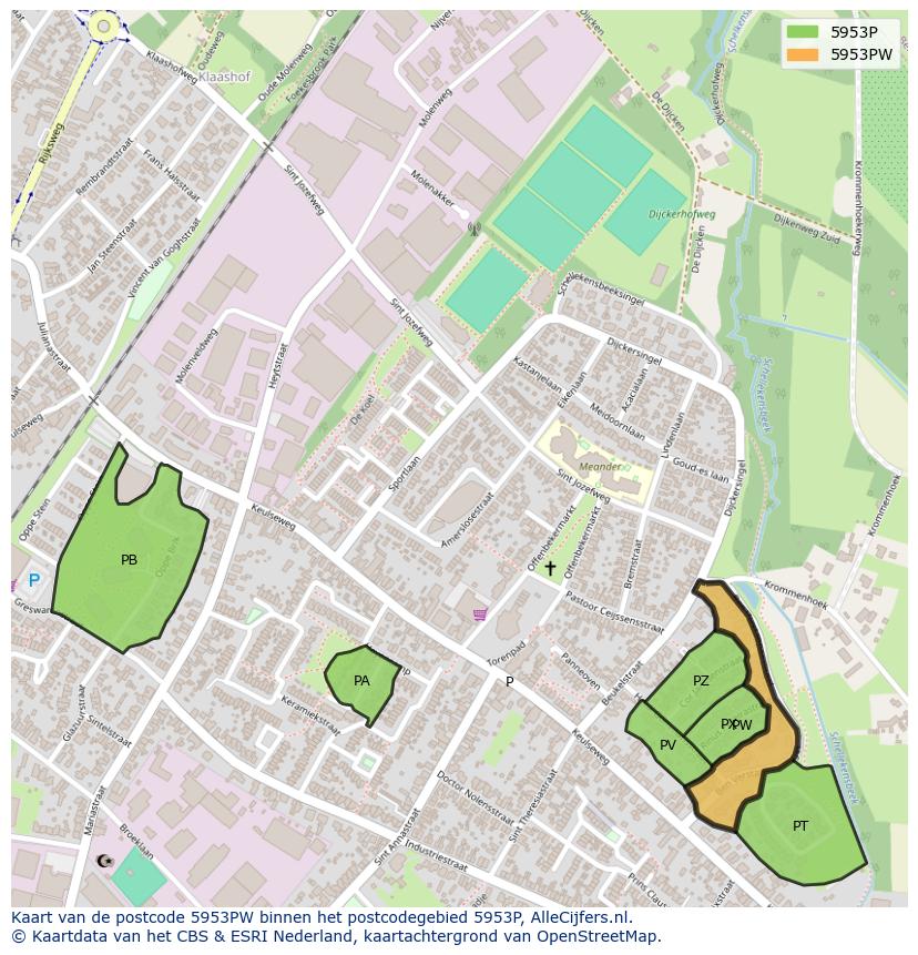 Afbeelding van het postcodegebied 5953 PW op de kaart.