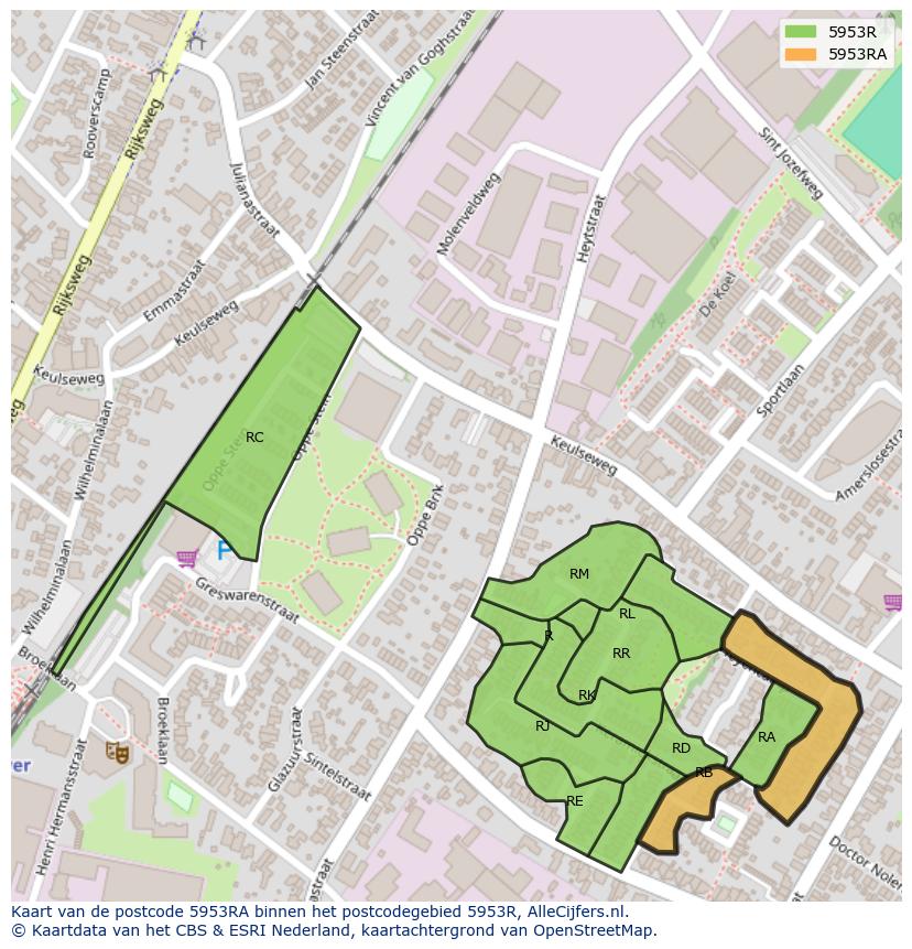 Afbeelding van het postcodegebied 5953 RA op de kaart.