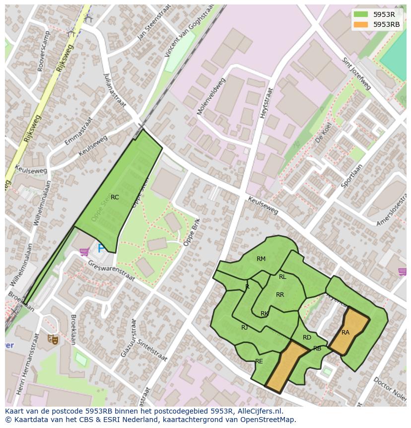 Afbeelding van het postcodegebied 5953 RB op de kaart.