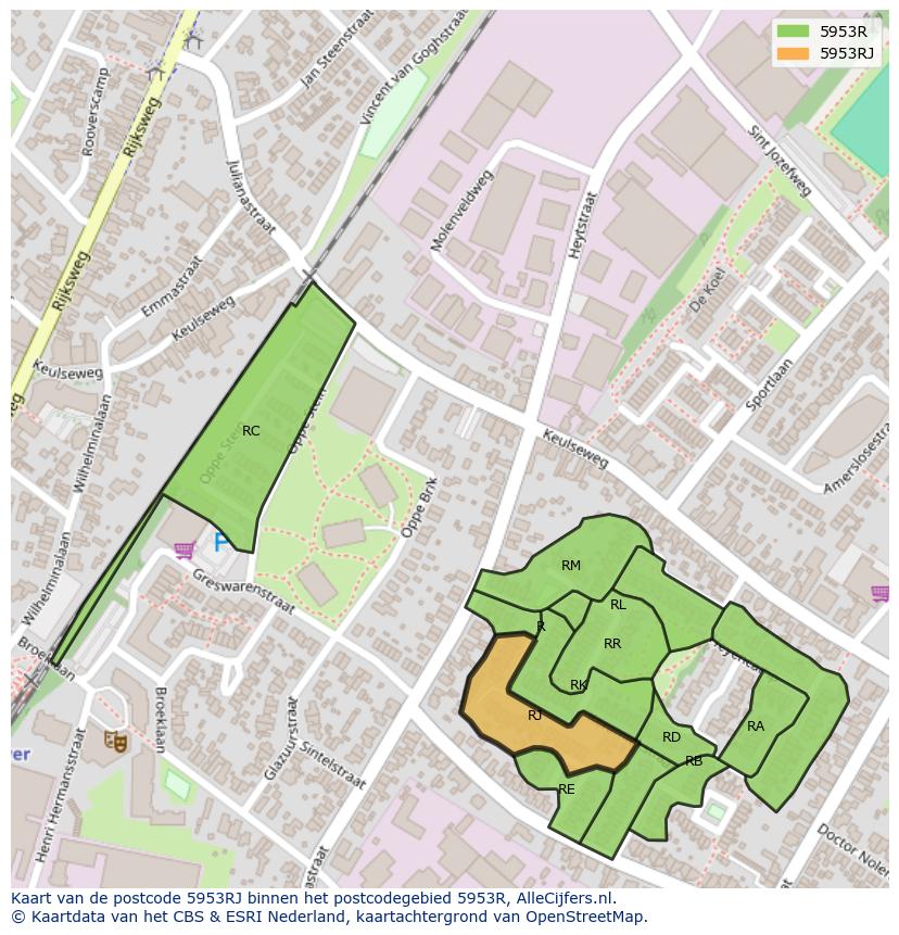 Afbeelding van het postcodegebied 5953 RJ op de kaart.