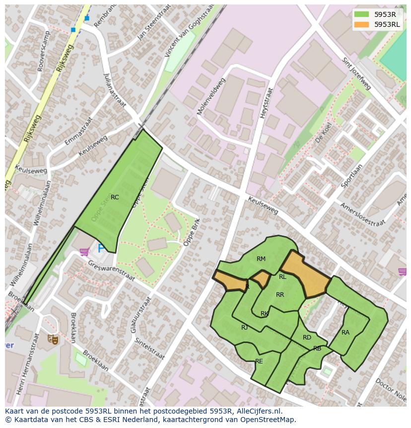 Afbeelding van het postcodegebied 5953 RL op de kaart.