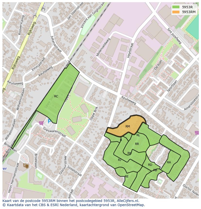 Afbeelding van het postcodegebied 5953 RM op de kaart.