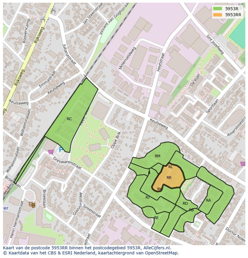 Afbeelding van het postcodegebied 5953 RR op de kaart.