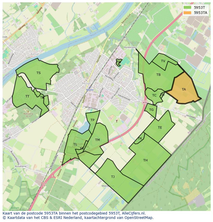 Afbeelding van het postcodegebied 5953 TA op de kaart.