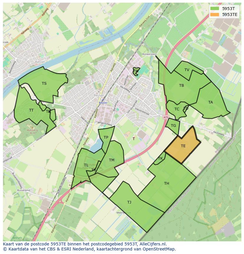 Afbeelding van het postcodegebied 5953 TE op de kaart.
