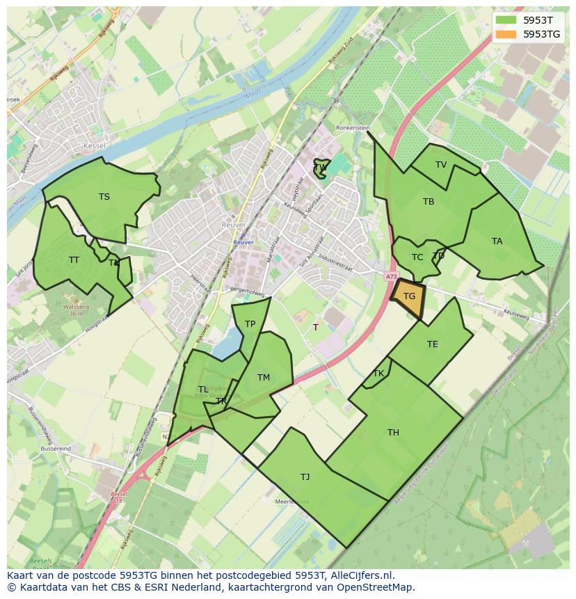 Afbeelding van het postcodegebied 5953 TG op de kaart.