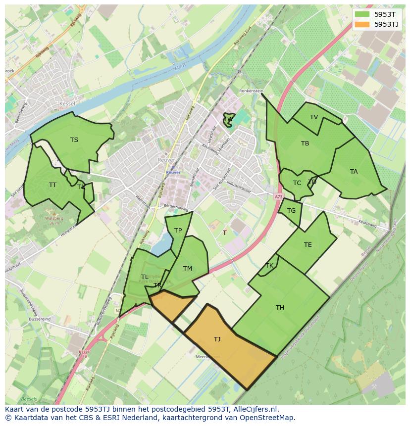 Afbeelding van het postcodegebied 5953 TJ op de kaart.