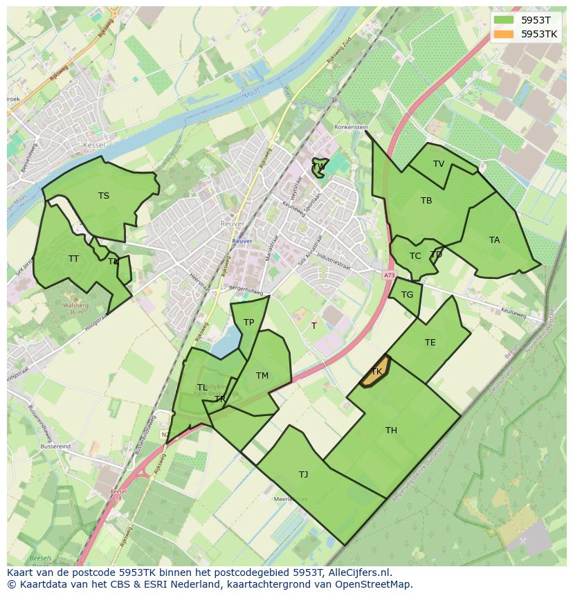 Afbeelding van het postcodegebied 5953 TK op de kaart.
