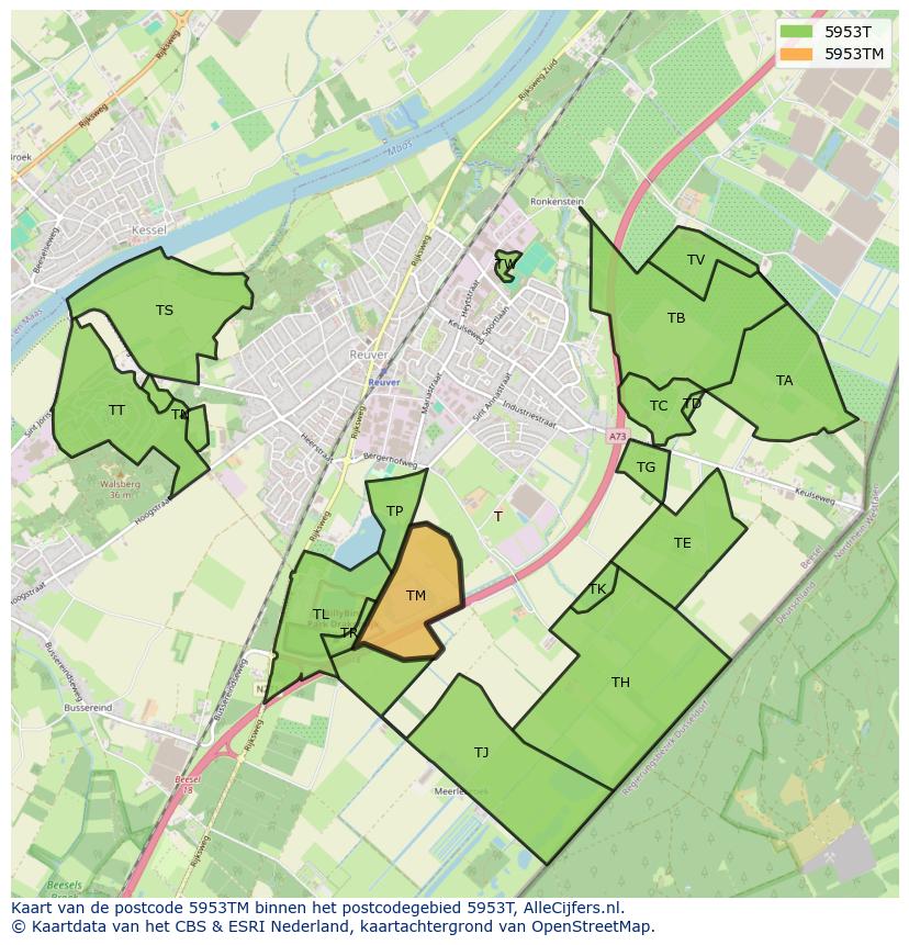 Afbeelding van het postcodegebied 5953 TM op de kaart.