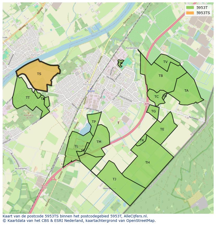 Afbeelding van het postcodegebied 5953 TS op de kaart.