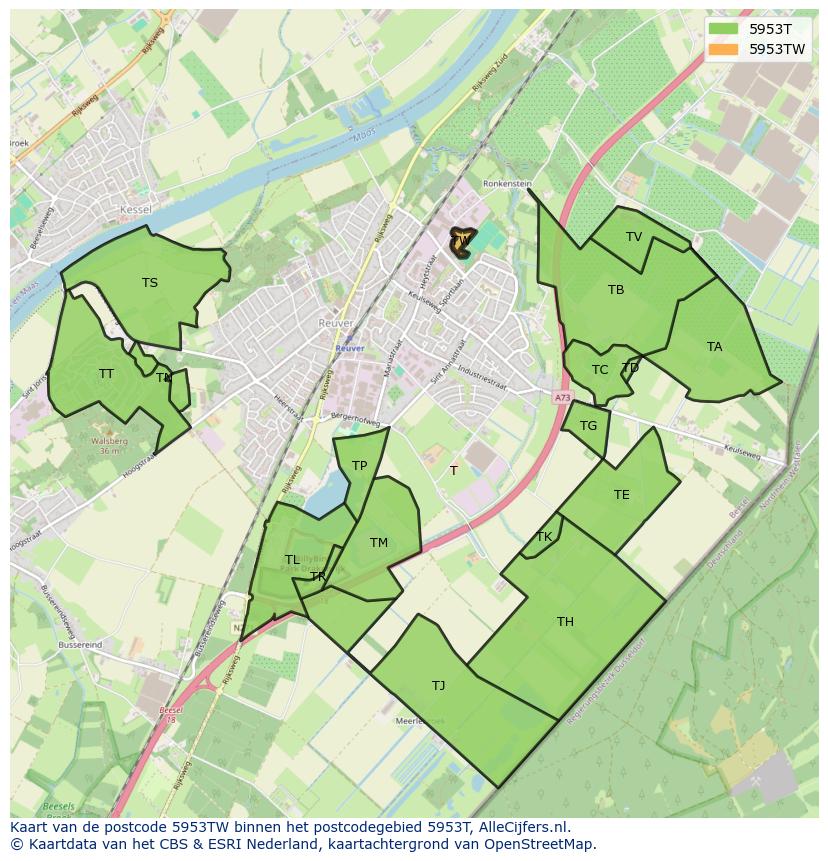 Afbeelding van het postcodegebied 5953 TW op de kaart.