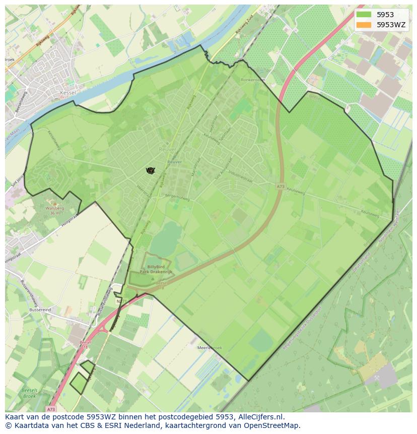 Afbeelding van het postcodegebied 5953 WZ op de kaart.