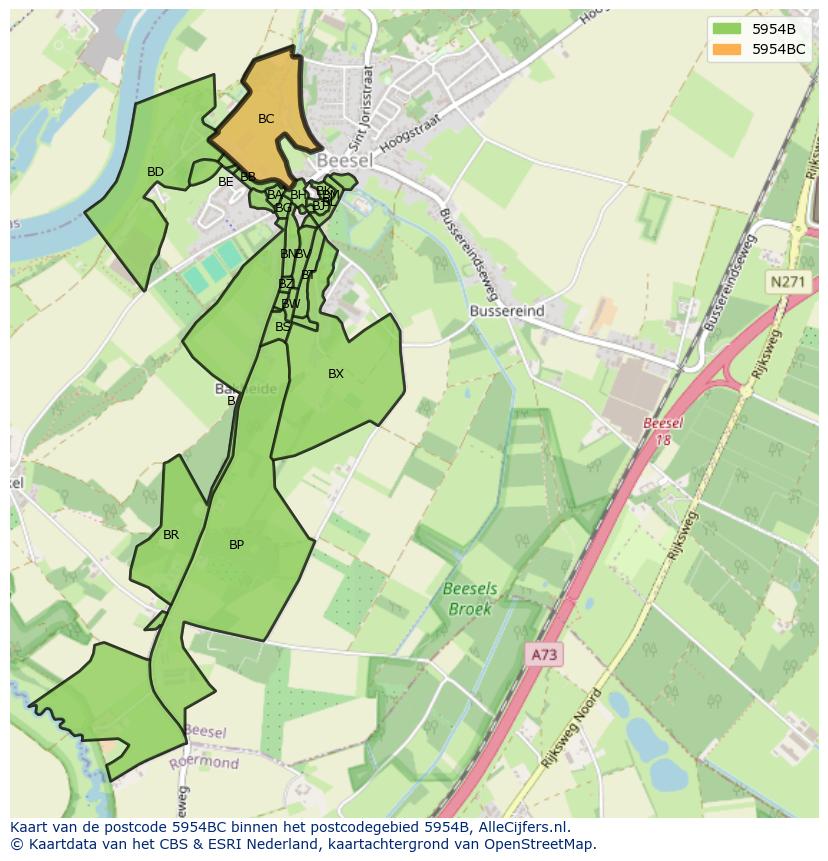 Afbeelding van het postcodegebied 5954 BC op de kaart.