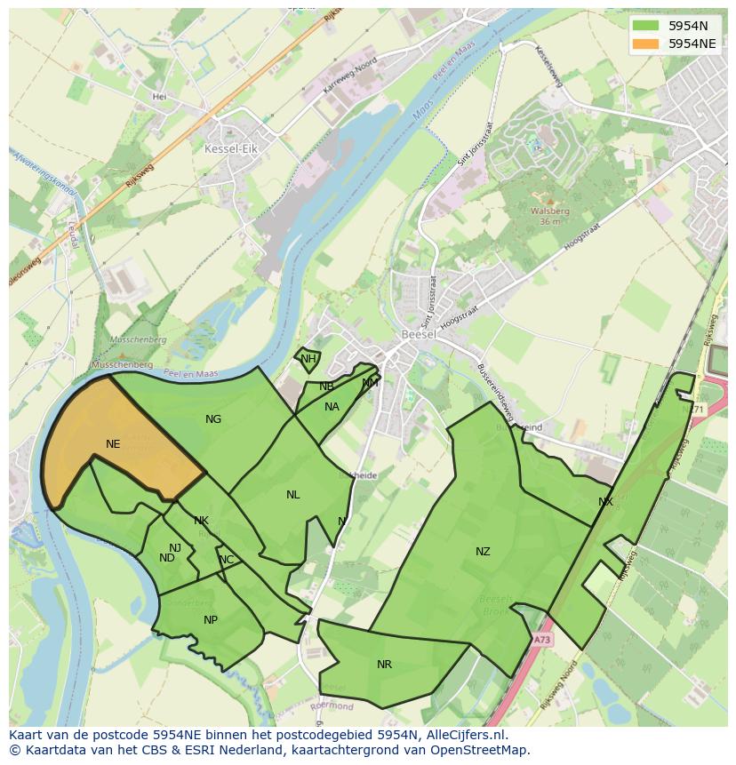 Afbeelding van het postcodegebied 5954 NE op de kaart.