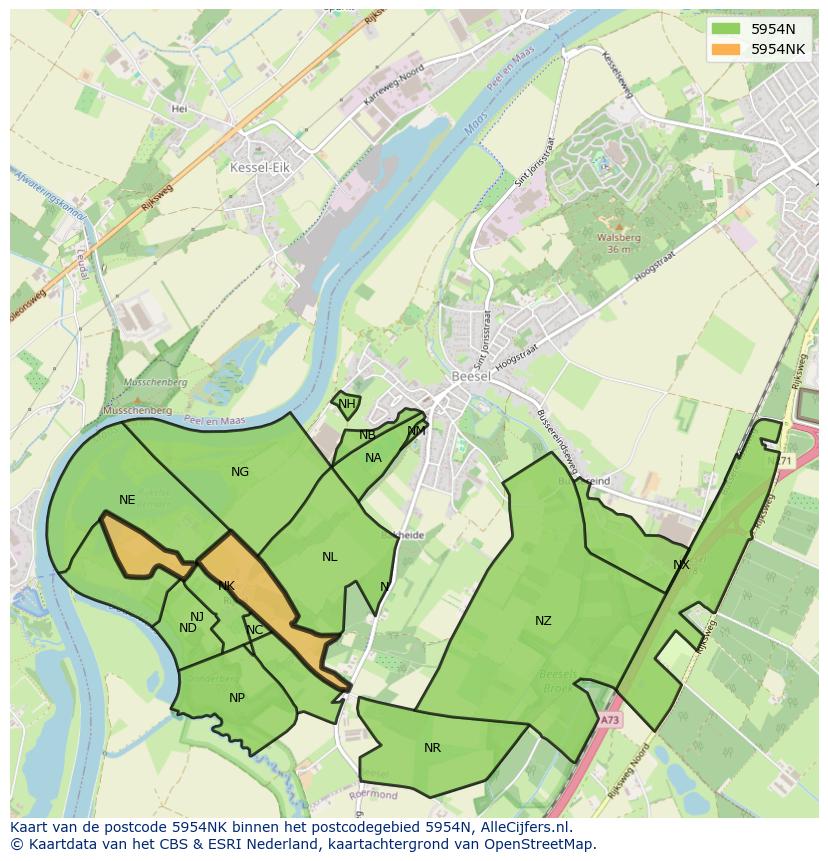 Afbeelding van het postcodegebied 5954 NK op de kaart.