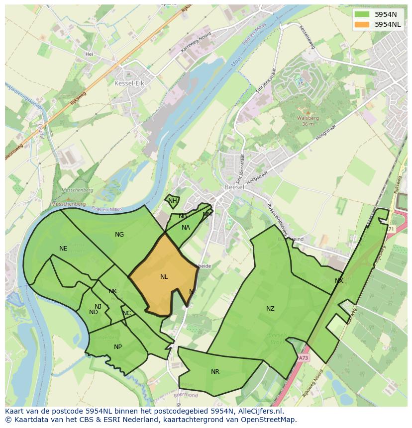 Afbeelding van het postcodegebied 5954 NL op de kaart.