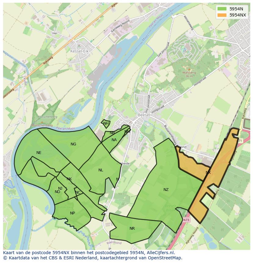 Afbeelding van het postcodegebied 5954 NX op de kaart.