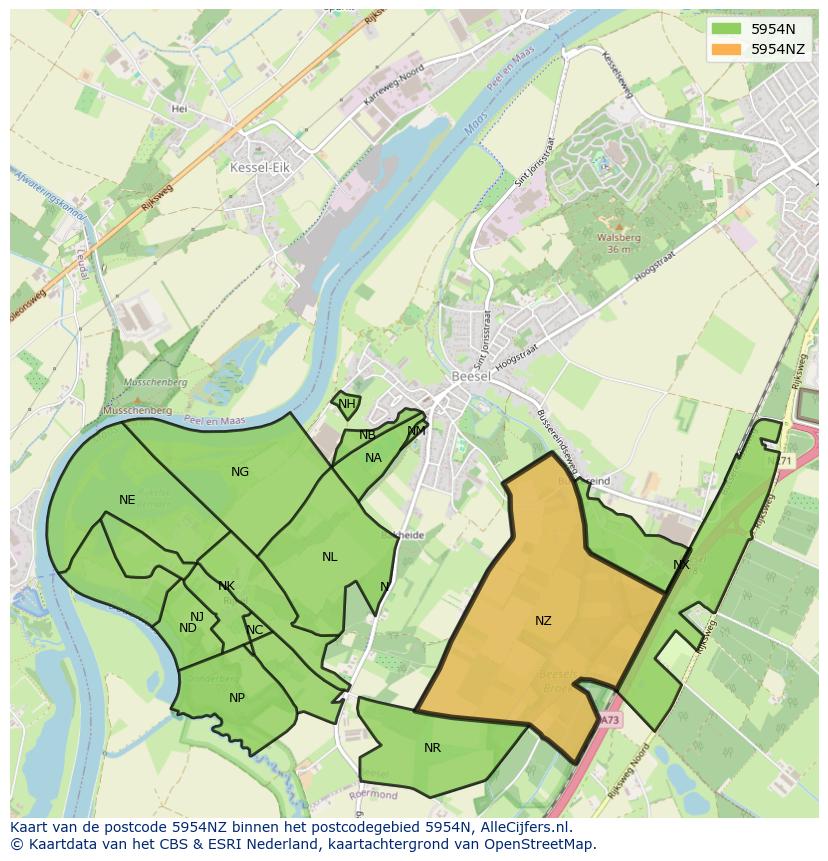 Afbeelding van het postcodegebied 5954 NZ op de kaart.